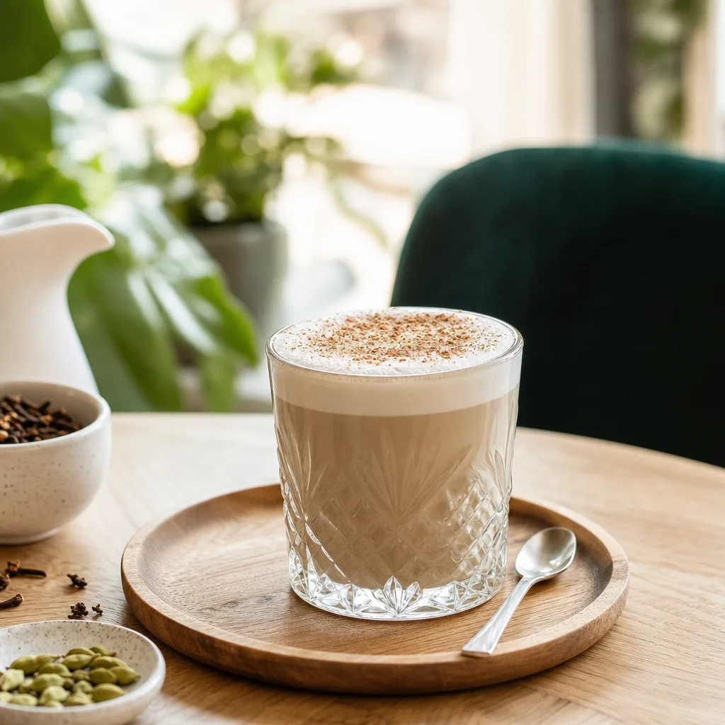 Chai latte ve vybroušené sklenici se skořicí