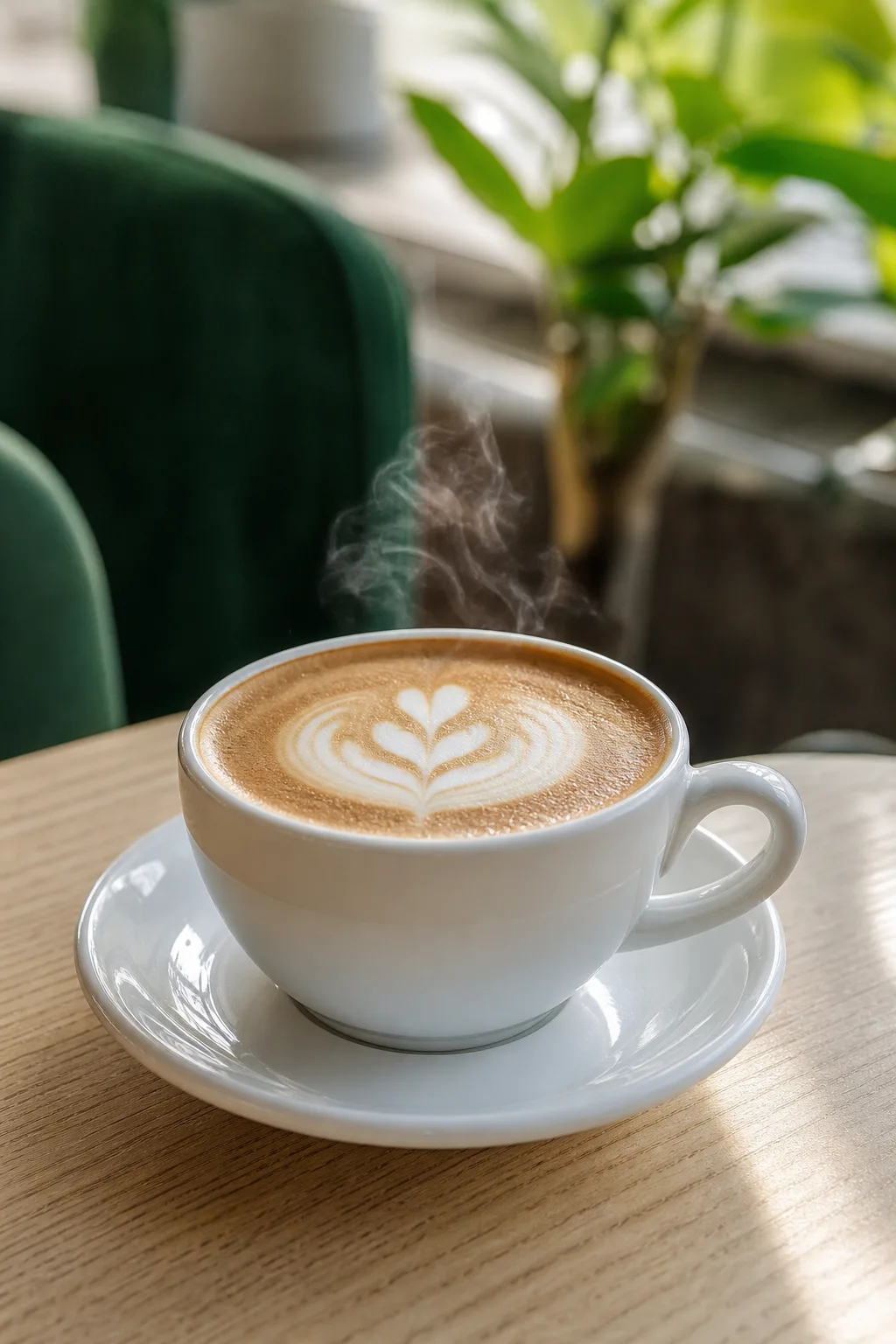 Cappuccino s latte art v bílém šálku na dubovém stole