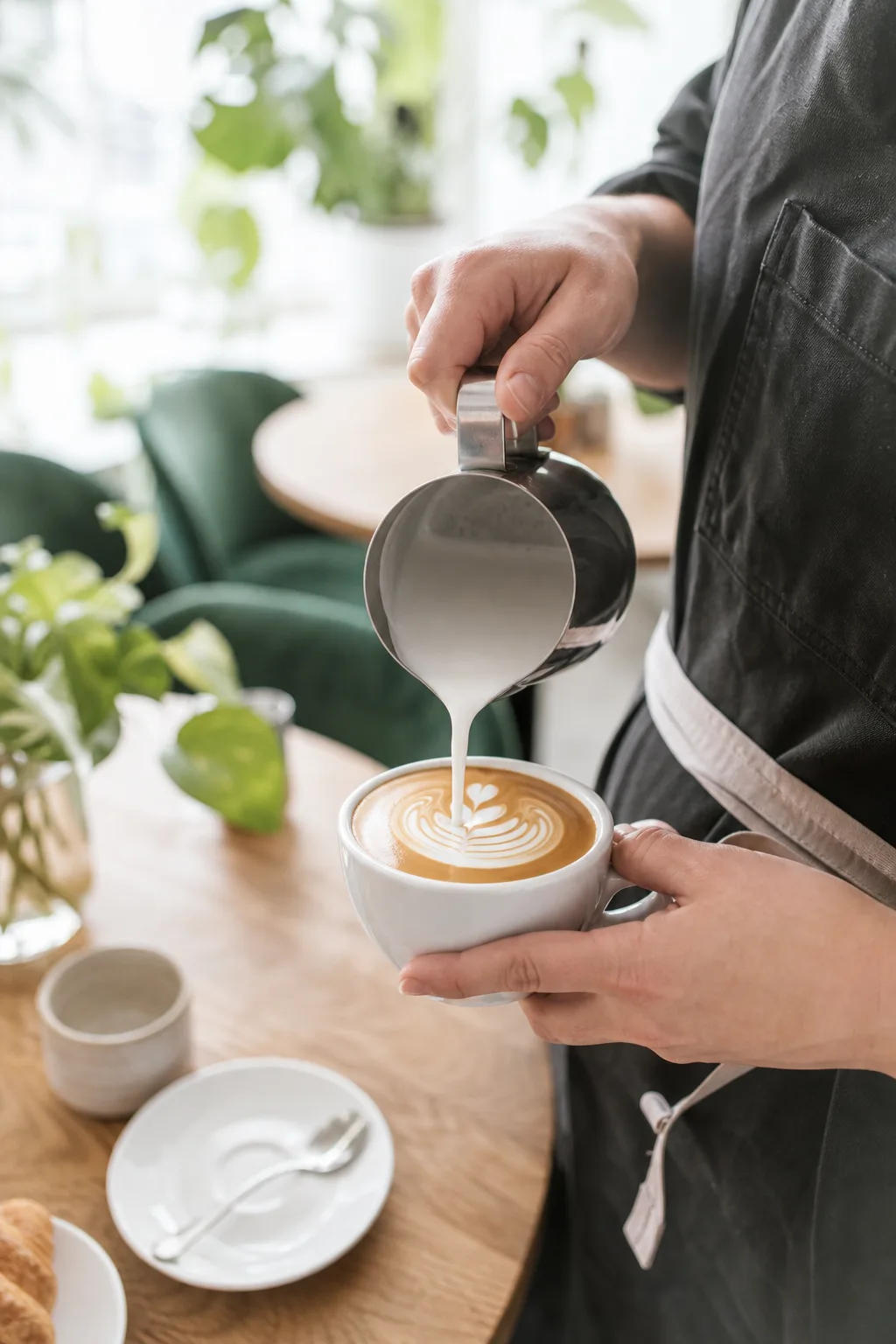 Barista nalévá napěněné mléko do šálku