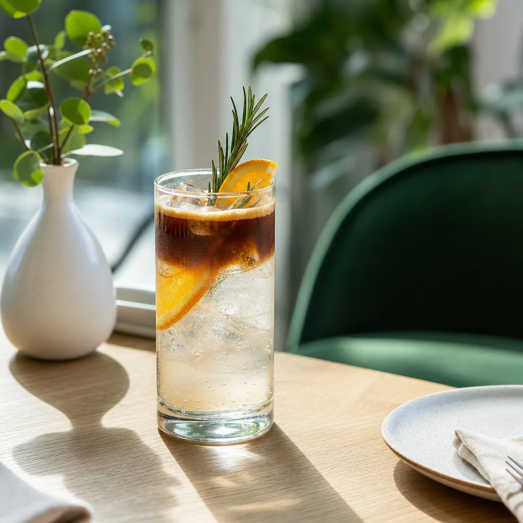 Espresso tonic s ledem, rozmarýnem a pomerančem