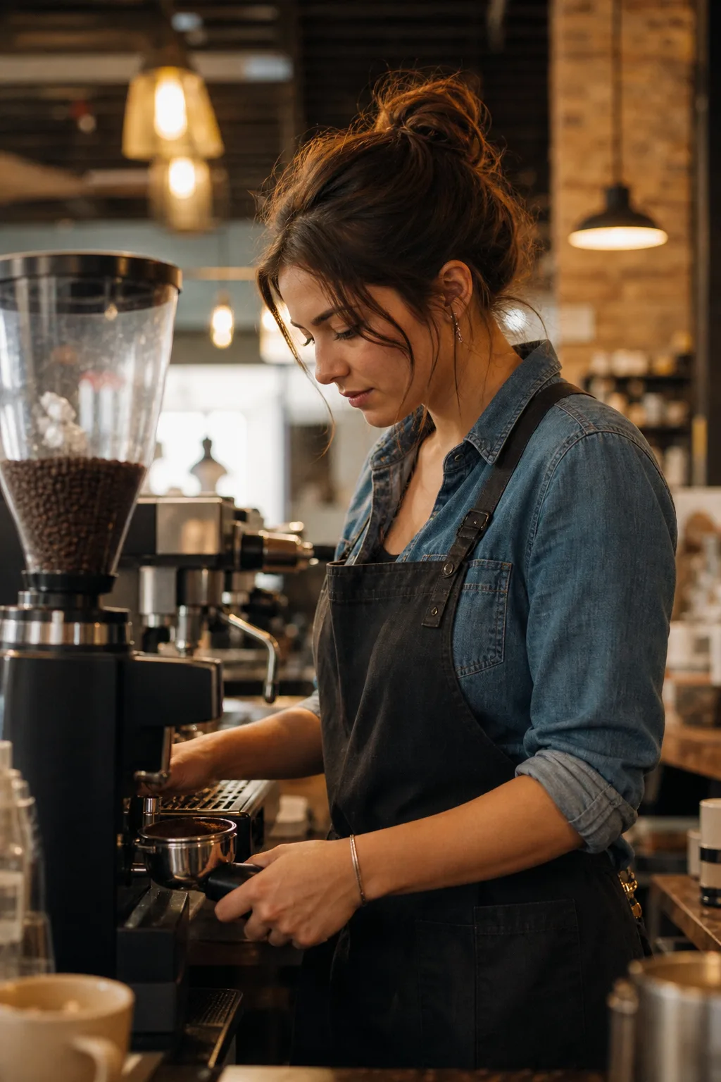 Baristka v zástěře připravuje espresso u mlýnku