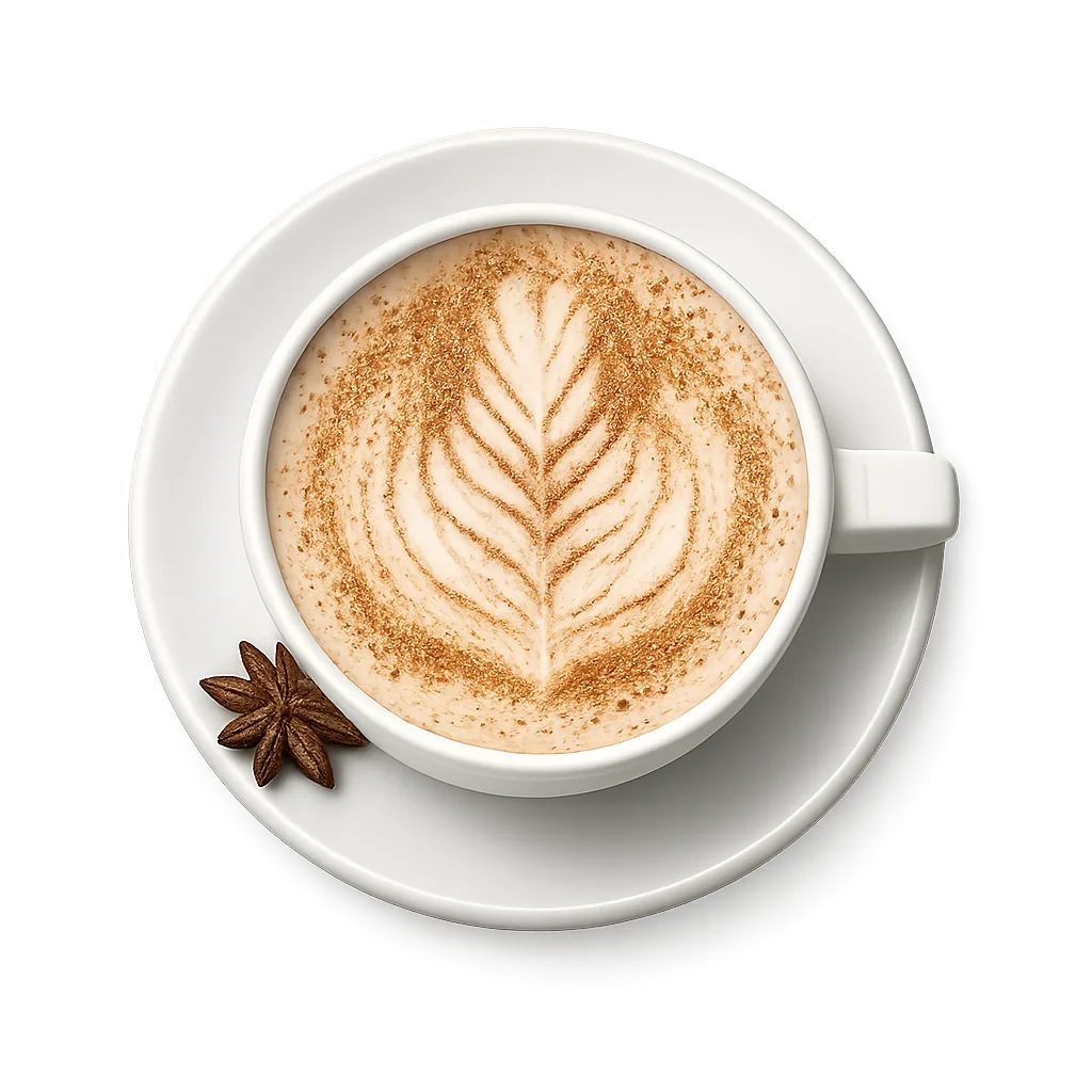 Chai latte posypané skořicí, s badyánem na podšálku, pohled shora