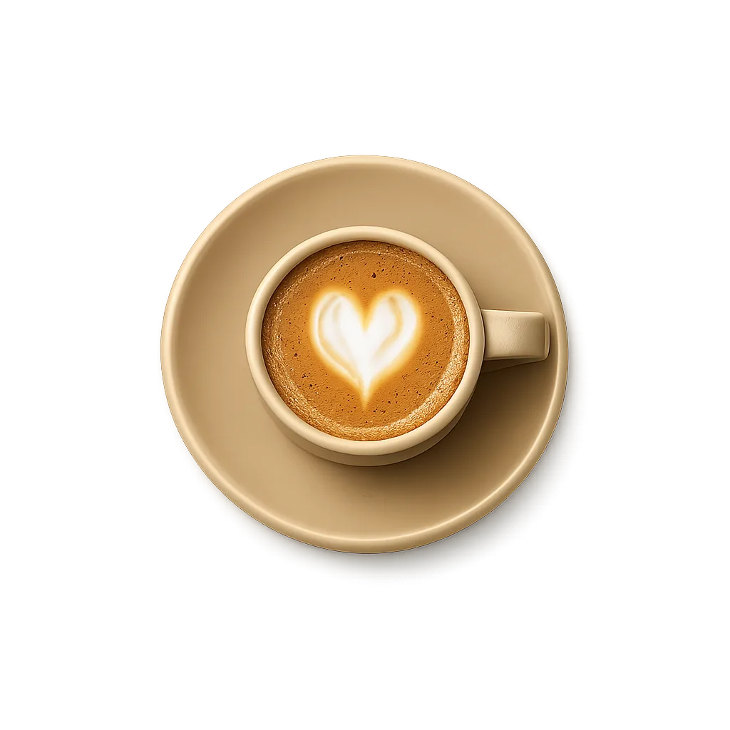 Malé cortado se srdíčkem v béžovém šálku, pohled shora