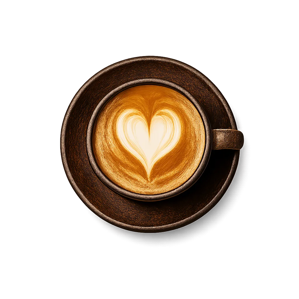 Flat white se srdíčkem v tmavém keramickém šálku, pohled shora