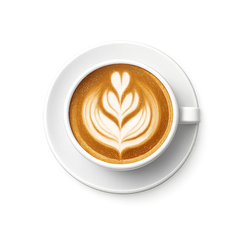 Caffè latte s tulipánem v bílém porcelánu, pohled shora