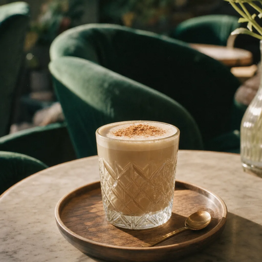 Chai latte ve broušené sklenici na dřevěném tácku, za ní zelená sametová křesla