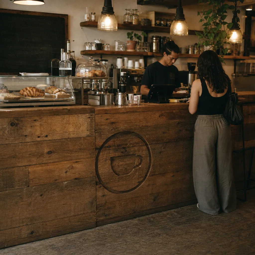 Dřevěný pult s vypáleným logem, vitrína se zákusky a barista u kávovaru