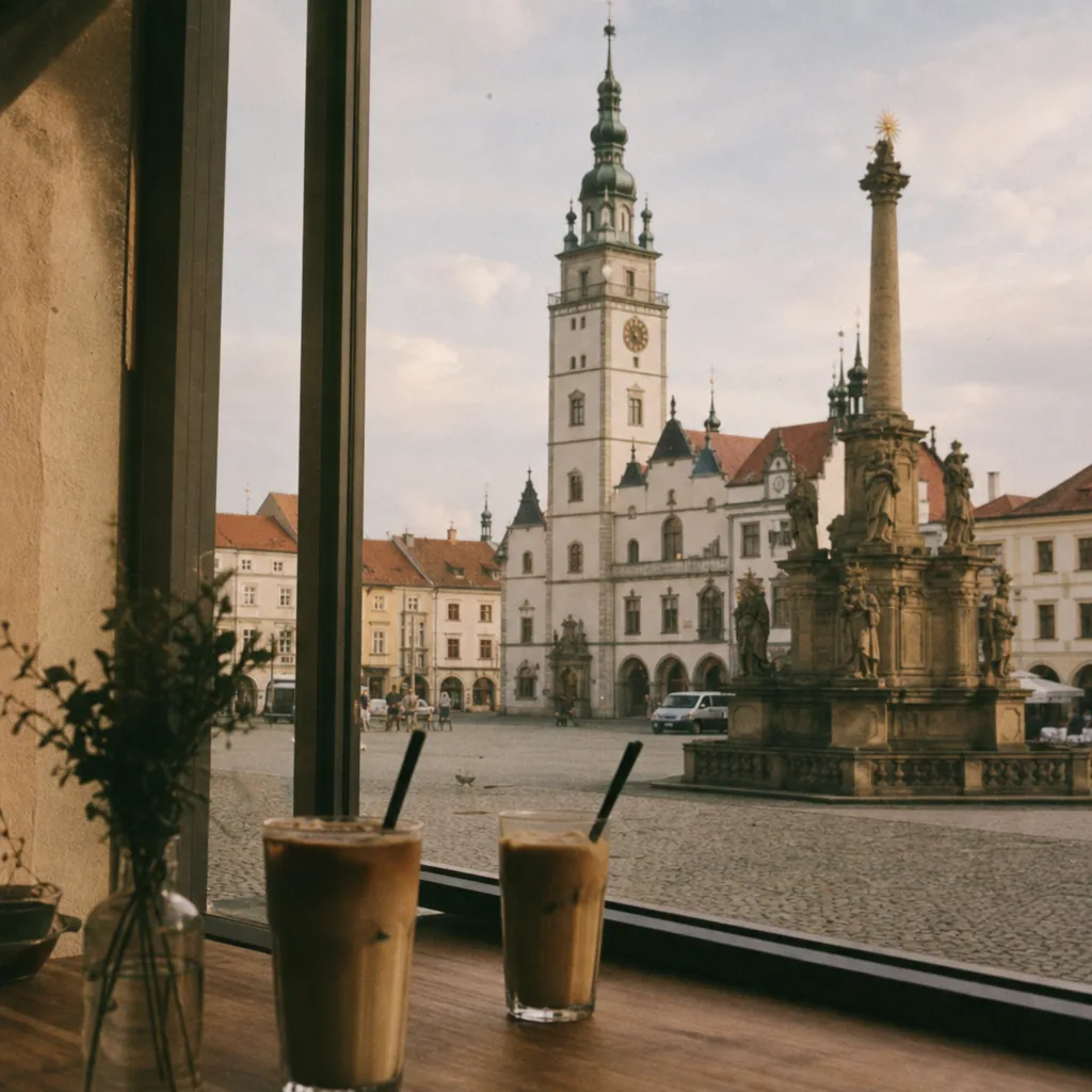 Výhled z okna kavárny na litovelské náměstí s radniční věží a dvě ledové kávy na parapetu