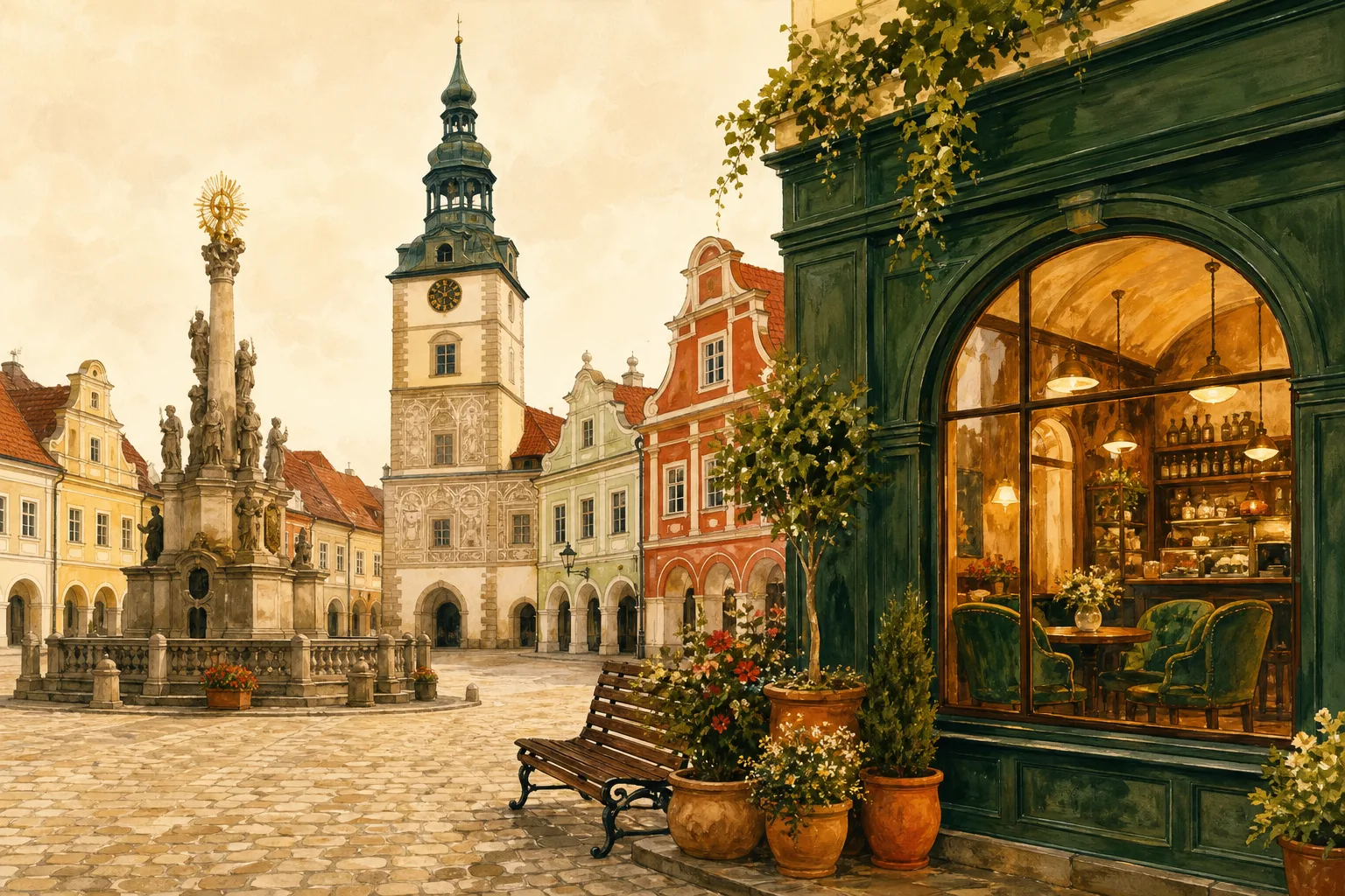 Malovaná ilustrace litovelského náměstí s radniční věží, morovým sloupem a kavárnou s velkým rozsvíceným oknem a zelenými křesly uvnitř